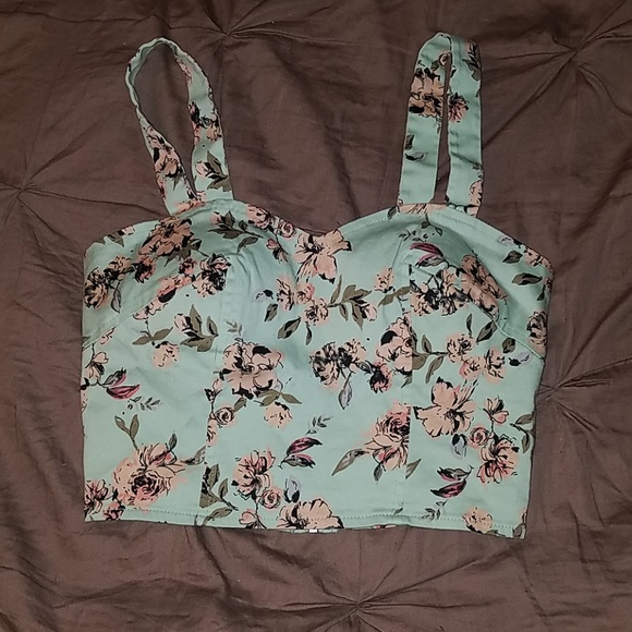 Teal & Floral Padded Crop Top - Picture 1 of 3